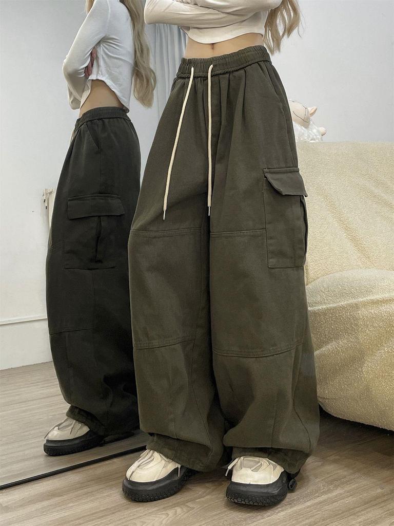American Spicy Girl Women's Hip Hop Joggers - Spring/Autumn, Loose Fit, Multi-Pocket, Wide Leg, Slimming Casual Pants