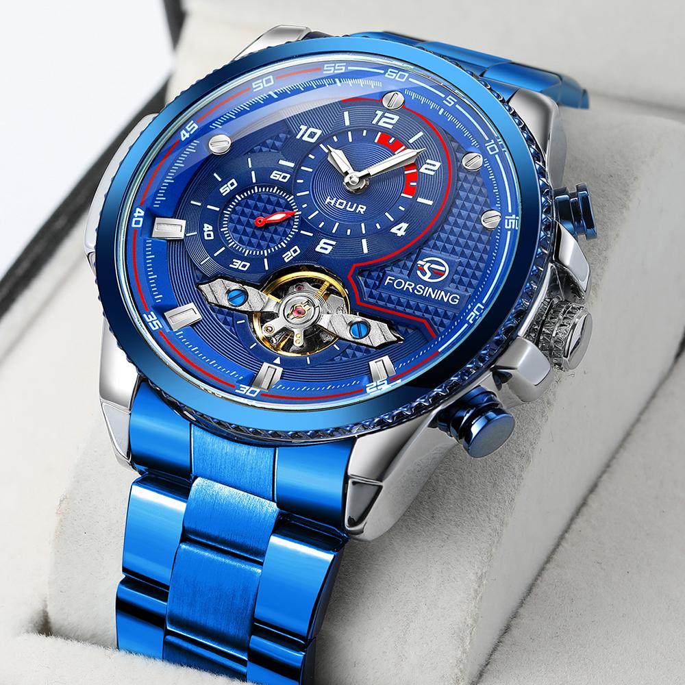 Forsining Mens Automatic Watches Stainess Steel Waterproof Wrist Watches Tourbillon Self Winding Mechanical Diamond Dial Wrist Watch