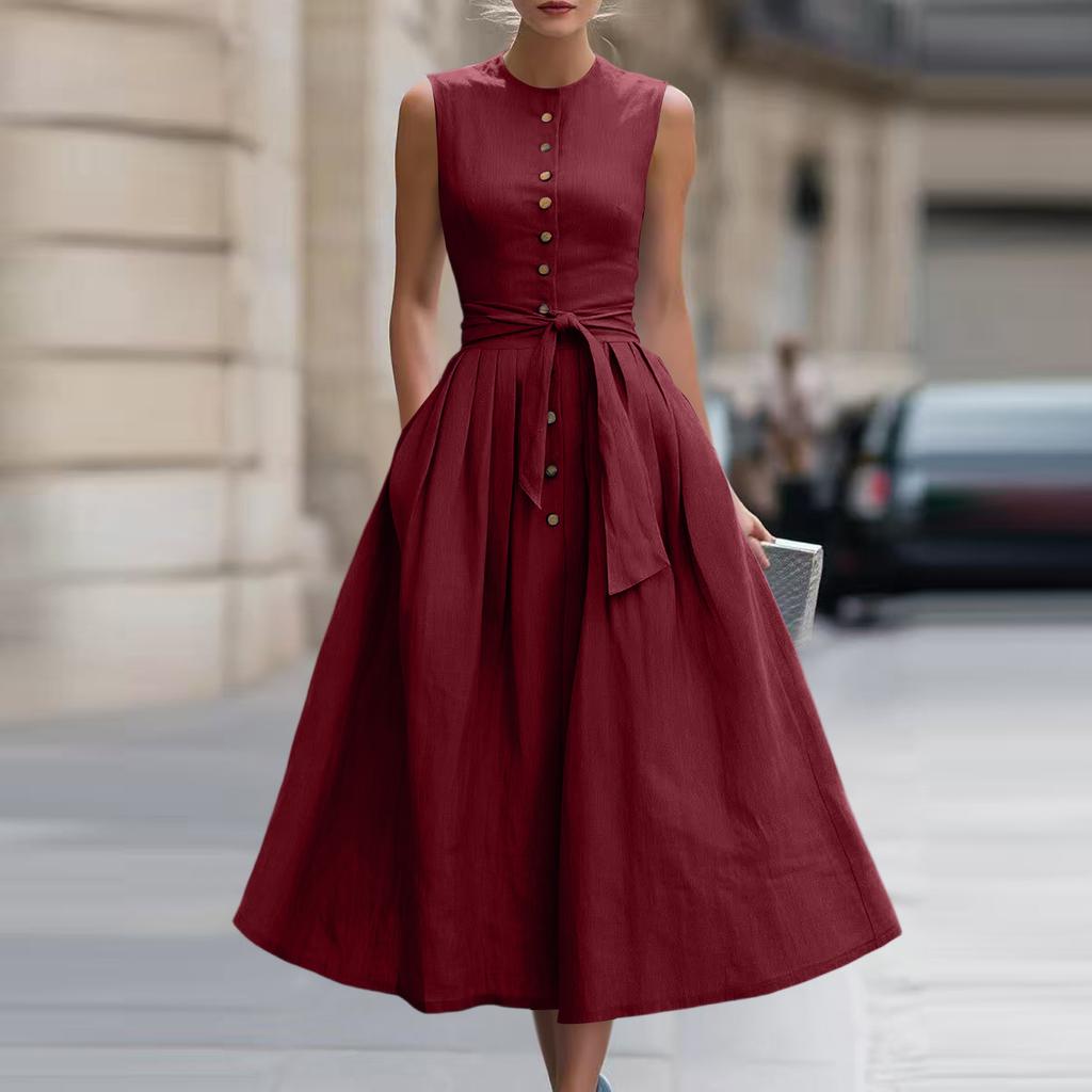 Abito midi da donna senza maniche con bottoni frontali in misto cotone e lino con cintura in vita e tasche, vestibilità classica per l'uso quotidiano