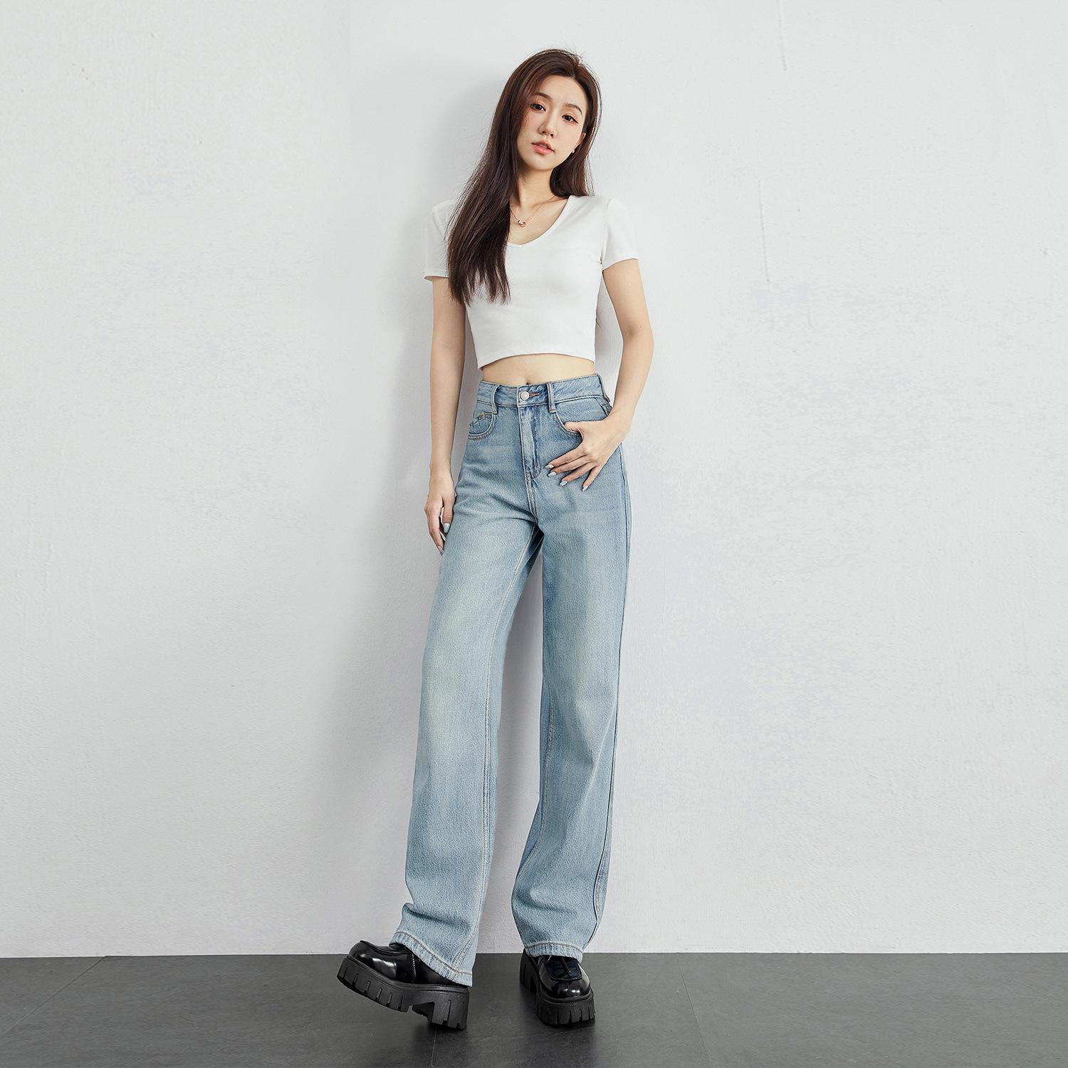 High-Waisted Slim-Fit Wide-Leg Jeans for Petite Women – 2024 Autumn Loose Straight-Leg, Floor-Length Style by Nanyou. 32
