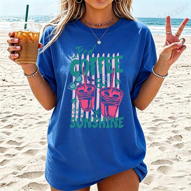Summer New Fashion T-Shirts Coffee Graphic Women's T-Shirt Sunshine Beach Graphic Clothing Cute Drink Aesthetic Women Tee Tops