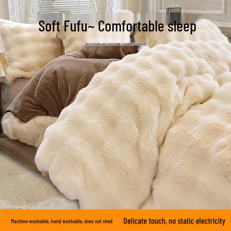 Winter Plush Bunny Fur Bedding Set: Double-Sided Milk Velvet and Coral Fleece Duvet Cover with Skirt