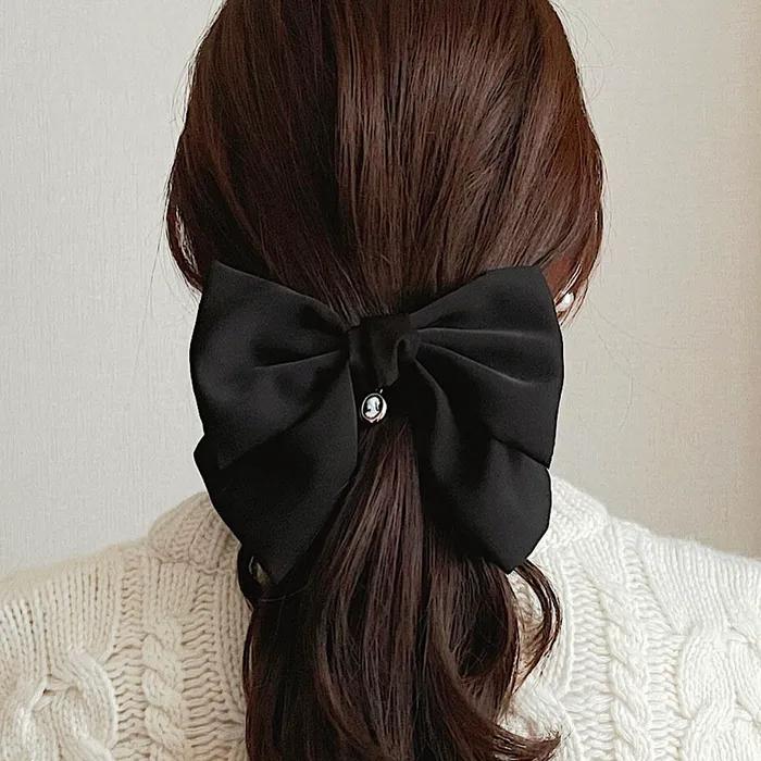 Cameo Satin Wide Ribbon Barrette [Black]