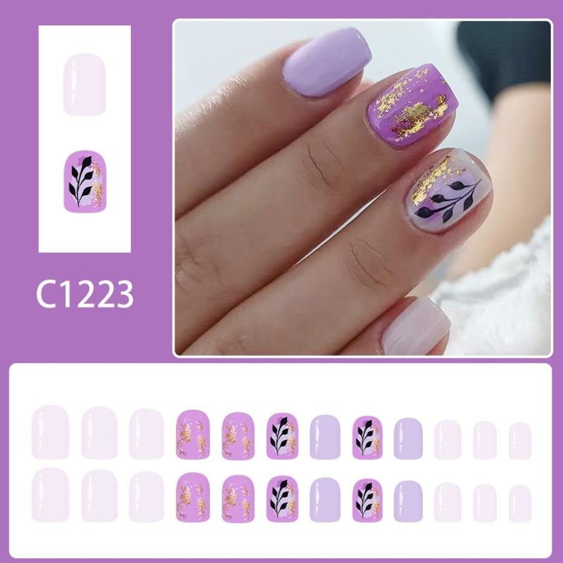 Glitterys Short False Nail 24Pcs Winter Collection Purple Gold Leaf Design Easy Application ABS Material Holiday Nail Art