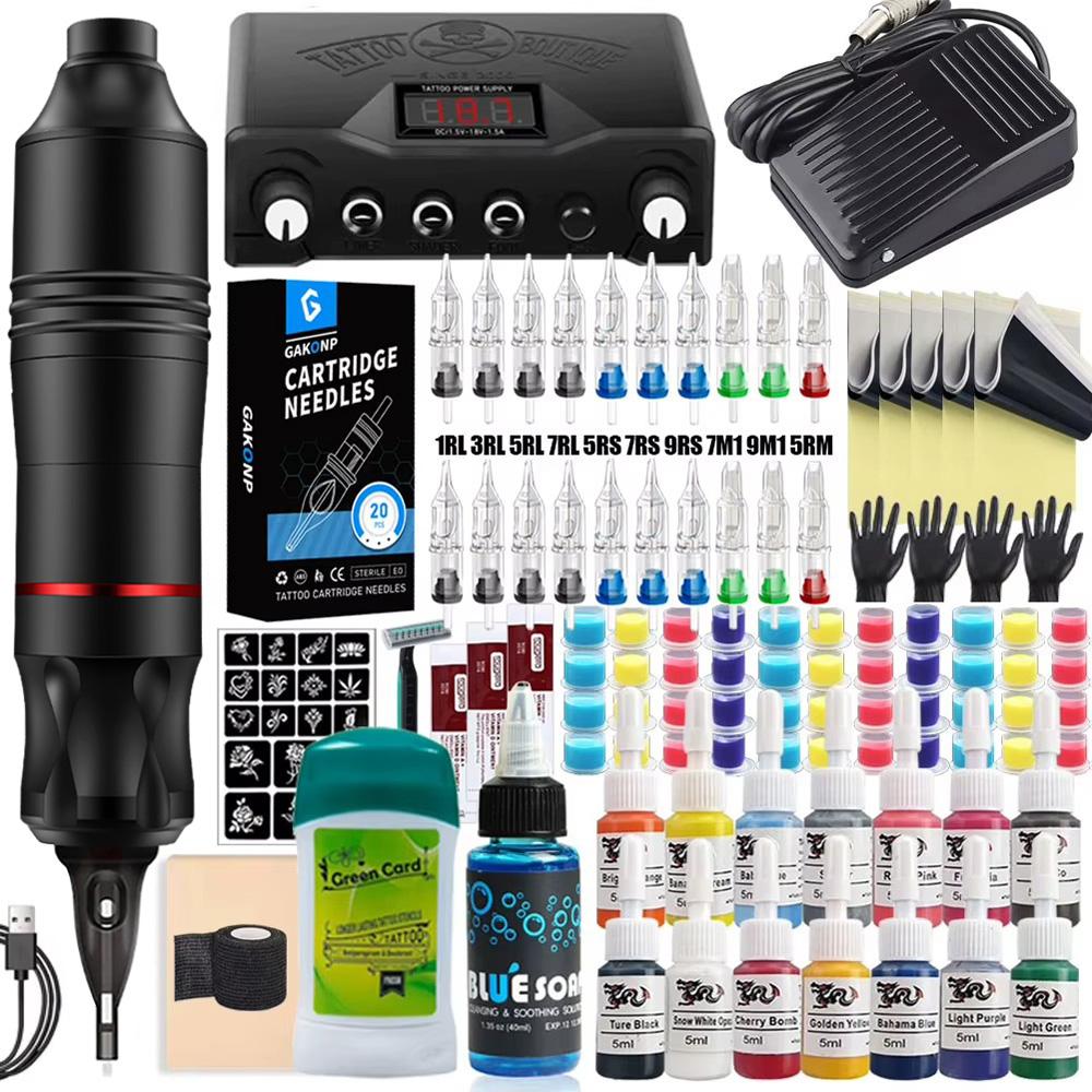 Complete Tattoo Machine Kit Set Tattoo Pen Kit with Wireless Tattoo Transfer Machine Cartridge Tattoo Needles Tattoo Kits