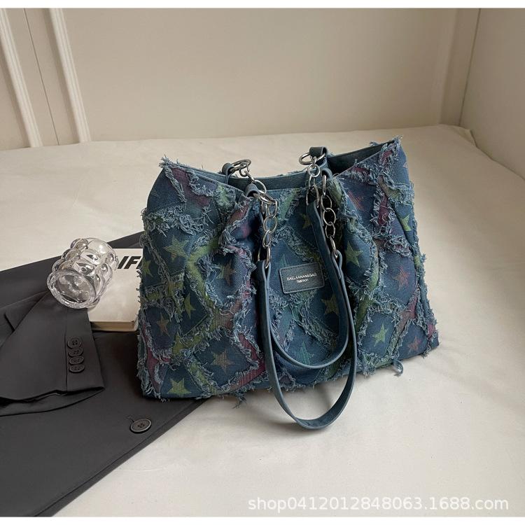 

Denim foreign style tote bag women s 2025 new large-capacity fashion shoulder bag popular and popular commuter bag синій