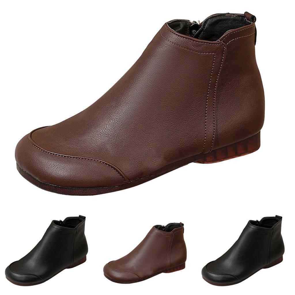 Women's Flat Soled Side Zip Ankle Boots Leather Stylish Retro Round Toe Soft Leather Ankle Boots. Womens Boots Leather Lace up