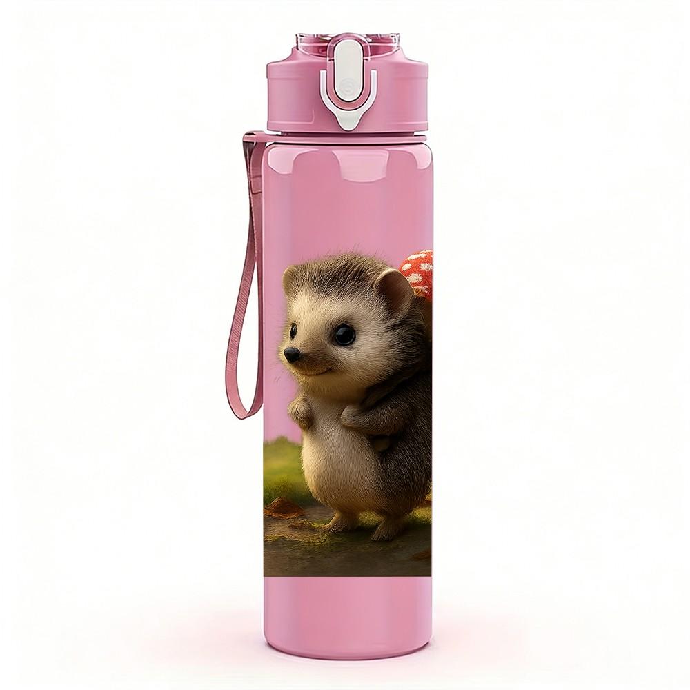 1PC Hedgehog Grass Field Animal Print 750ml Color Plastic Sports Water Bottle Leakproof Flip Straw Lid Suitable for Sports Office Home Use