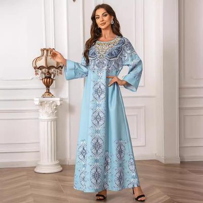 ZD024 Elegant Beaded Muslim Print Abaya Dress with Round Neck