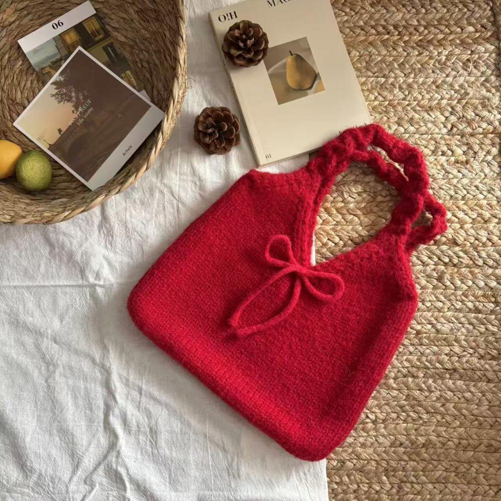 Casual Multicolor Bow Knitted Handbag Twists Soft Knitted Wrist Bag Cute Large Capacity Knit Shoulder Bag Commuting