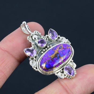 Natürlicher Lila Kupfer Türkis Edelstein Anhänger, 925 Sterling Silber, winziger Amethyst Edelstein, handgefertigter Anhänger Schmuck Geschenk zum Valentinstag