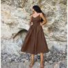 Französisches Khaki-Baumwollleinen-atmungsaktives Neckholder-Kleid mit hoher Taille im Urlaubsstil, langer Rock für Damen
