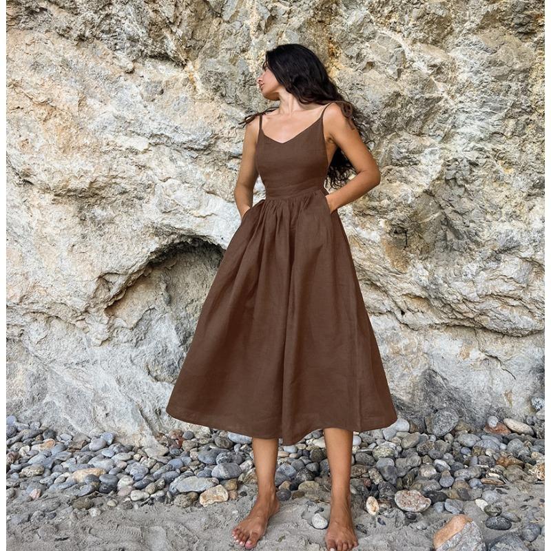 French Khaki Cotton Linen Breathable Halter High Waisted Dress Holiday Style Long Skirt Woman