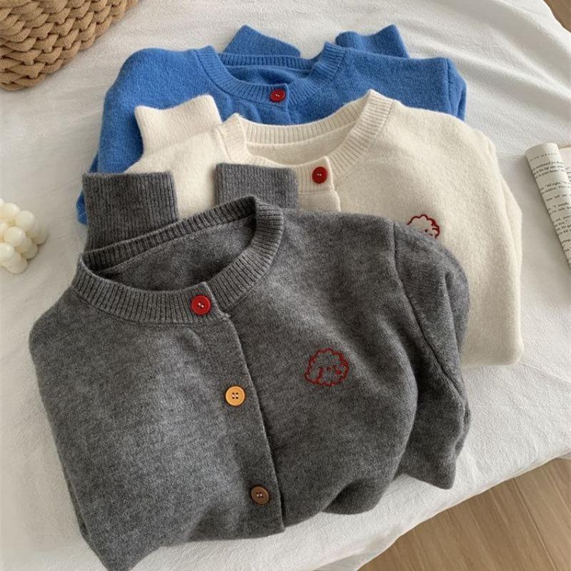Gentle Vintage Dog Embroidered Cardigan Women 2025 Fall Winter Round Neck Knit Sweater Coat Petite Soft Yarn