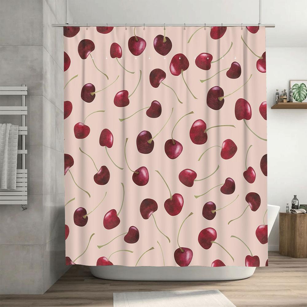 Cherry Print Shower CurtainRustic Red Floral Pattern Decor for Bathrooms Pink Background with Green Stems Waterproof Fabric Hang
