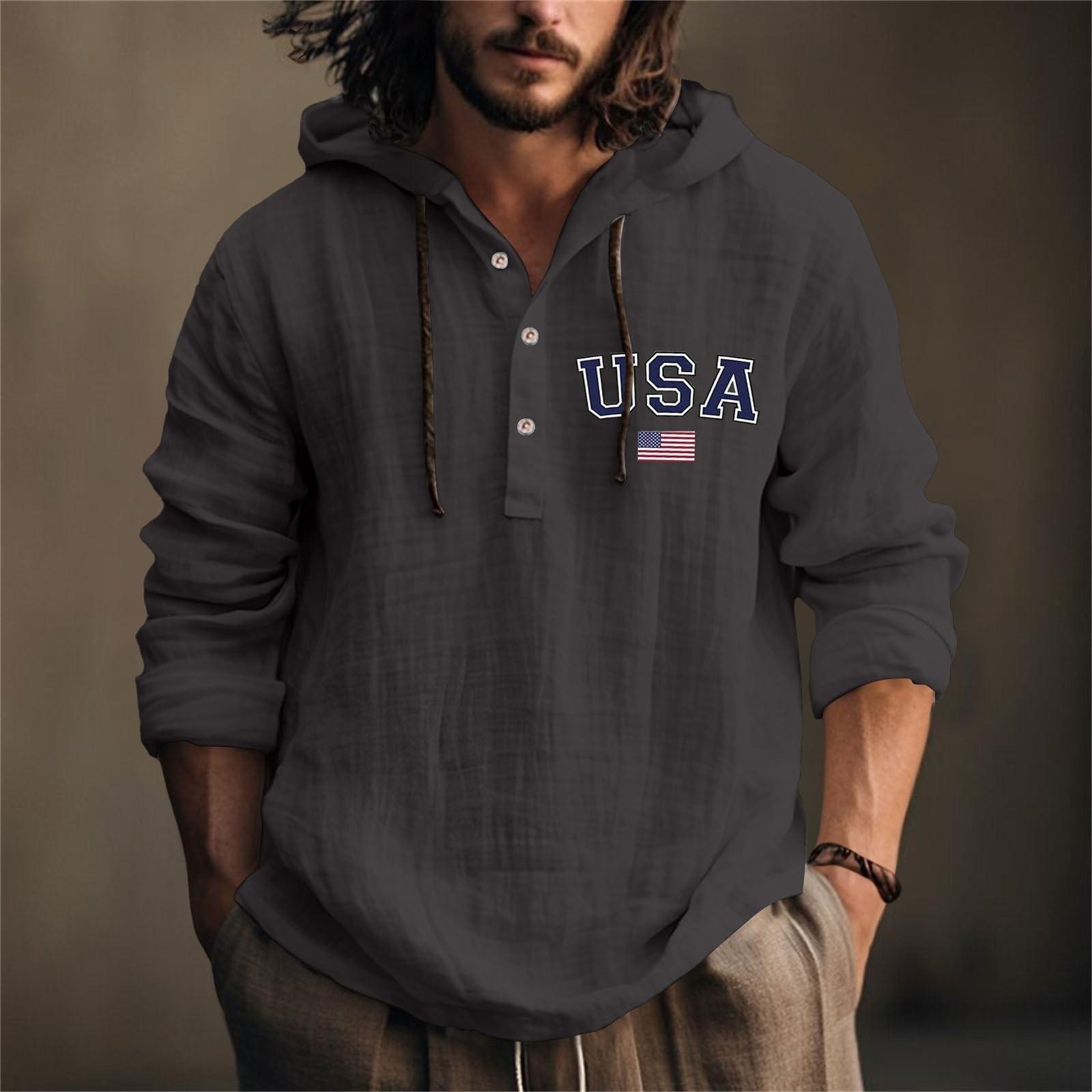 

День Незалежності Друкована Чоловіча Бавовняна та Лляна Сорочка З Капюшоном З Довгим Рукавом З Капюшоном Весна І Літо Повсякденний Одяг M