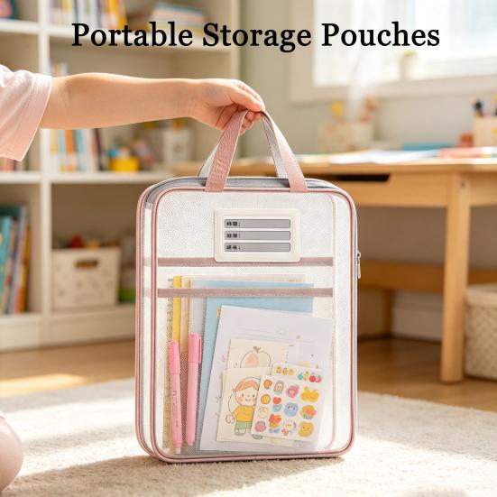 Waterproof Zipper Bags Transparent Nylon Document Bag, Portable Lightweight Mesh File Organizer with Student Study Essentials And Strap, Large