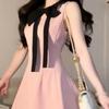 Small Gentle Temperament Summer French New Fragrant Pink Lace-up Bow Waist and Thin Dress
