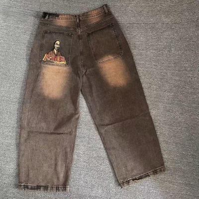 ZYLLO Y2K Retro Embroidered Jeans Mens Washed Old Loose Straight Wide Legs Fashionable Jeans