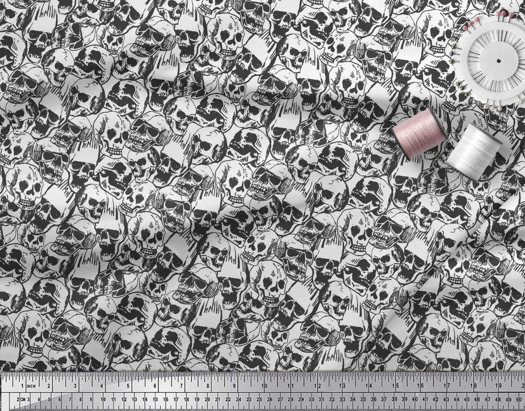 Soimoi Japan Crepe Satin Fabric Horror Skull Halloween Printed Craft Fabric by the Metre 42 Inch