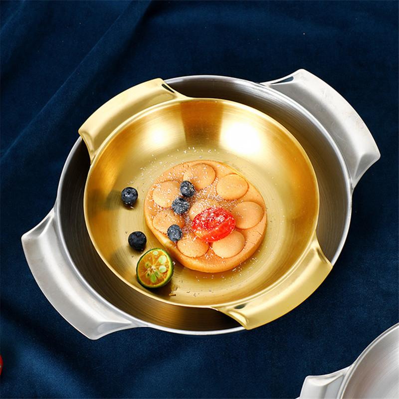 Stainless Steel Gold Binaural Tray Cookware Seafood Pot Korean Fried Chicken Dish Picnic Snack Plates Paella Pan for Kitchen