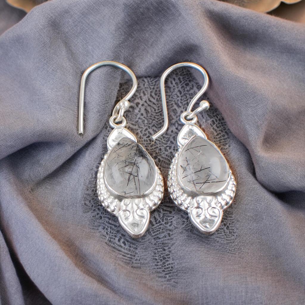 Natural Black Rutile Gemstone 925 Stamped Silver Jewelry Handmade Earrings 1.80" EE-42-23