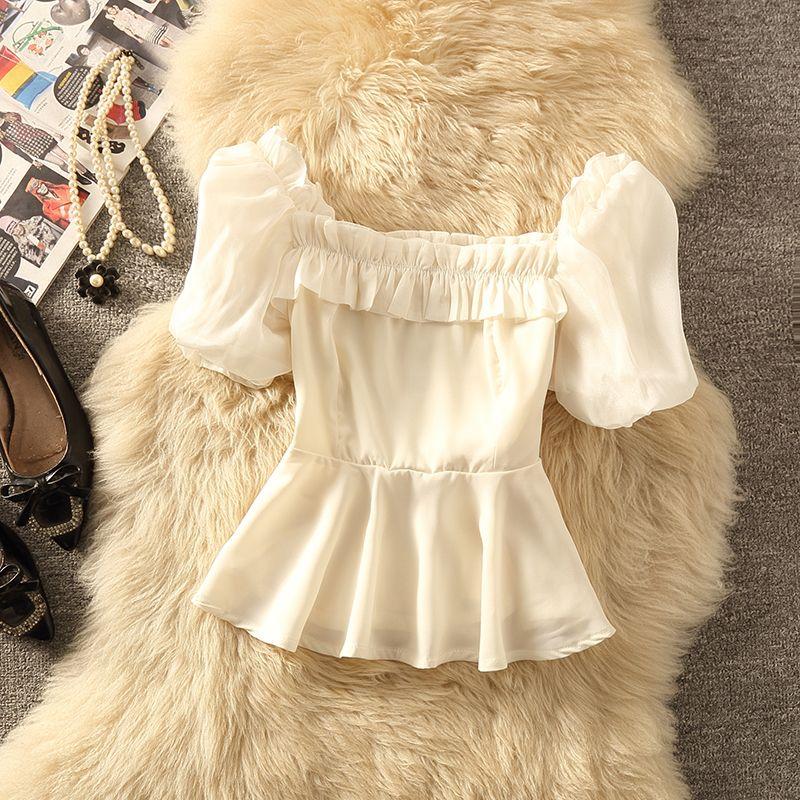 

Леди Темпераментная Деревянная Рубашка с Открытыми Плечами и Рукавами-Буфами Нежная Атмосфера Квадратный Вырез Рюши Блузки Apricot M