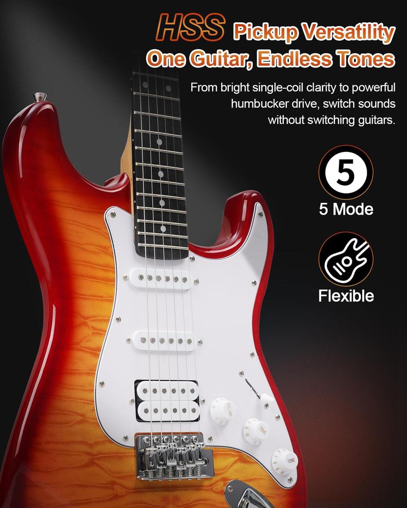 Electric Guitar Beginner Set 9 Pieces Starter Set HSS Pickups Switch Versatile Tones to High Guitar with Amplifier Ready to Play Right Away Umelody
