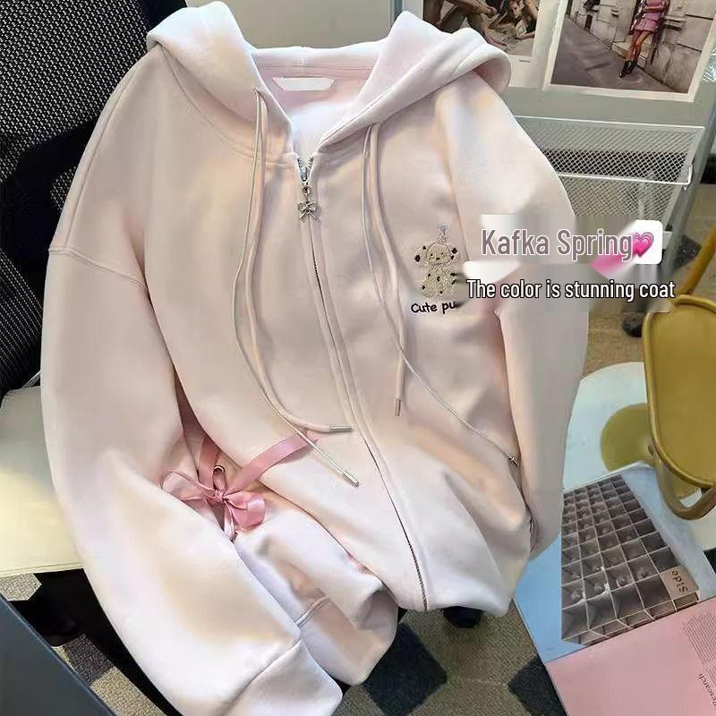 Women's Sweet Preppy Pink Hooded Sweatshirt - Bow Cardigan for Autumn/Winter