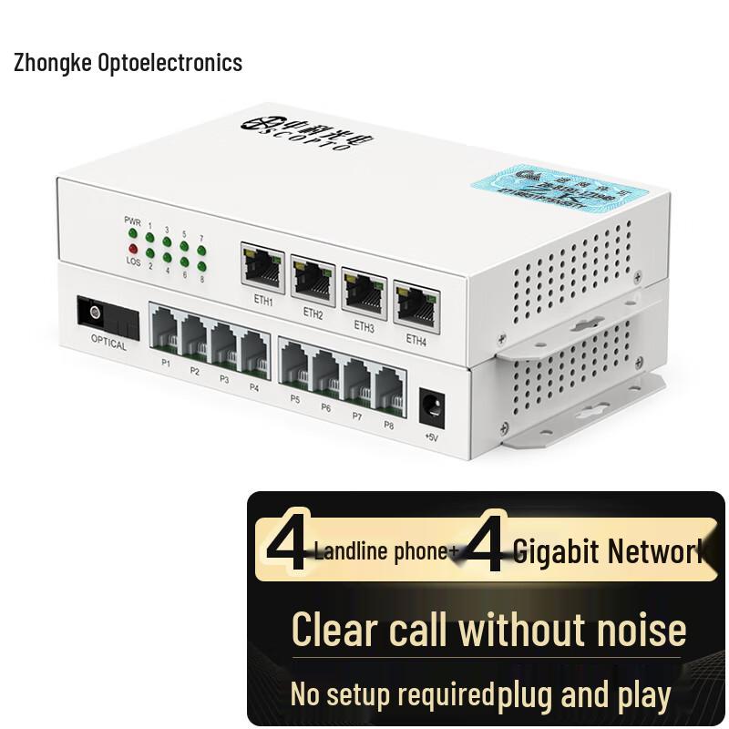 Zhongke Optoelectronics 4-Channel Phone & 4-Channel Gigabit Fiber Optic Transceiver SC Interface