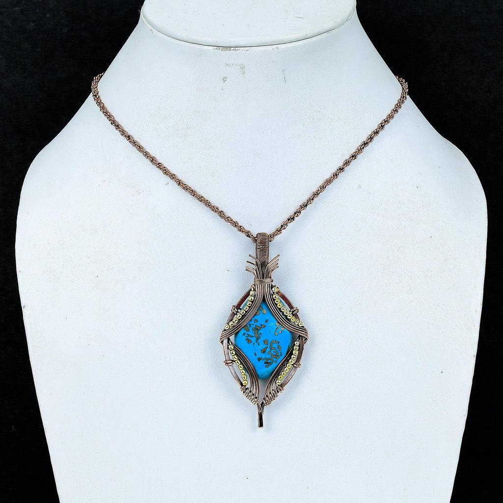 Turquoise 999 Copper Wire Wrapped Pendant, Handmade Gemstone Jewelry Pendant Gift For Birthday