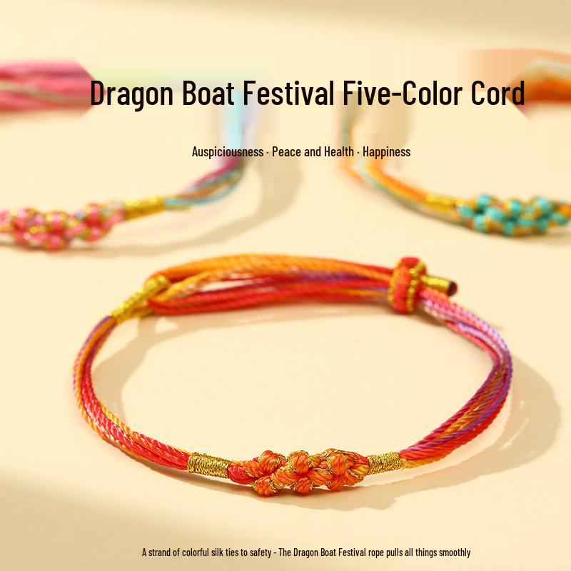 Five-Color Dragon Boat Festival Longevity Thread Bracelet with Peach Blossom Knot, Unisex DIY Hand Rope Gift