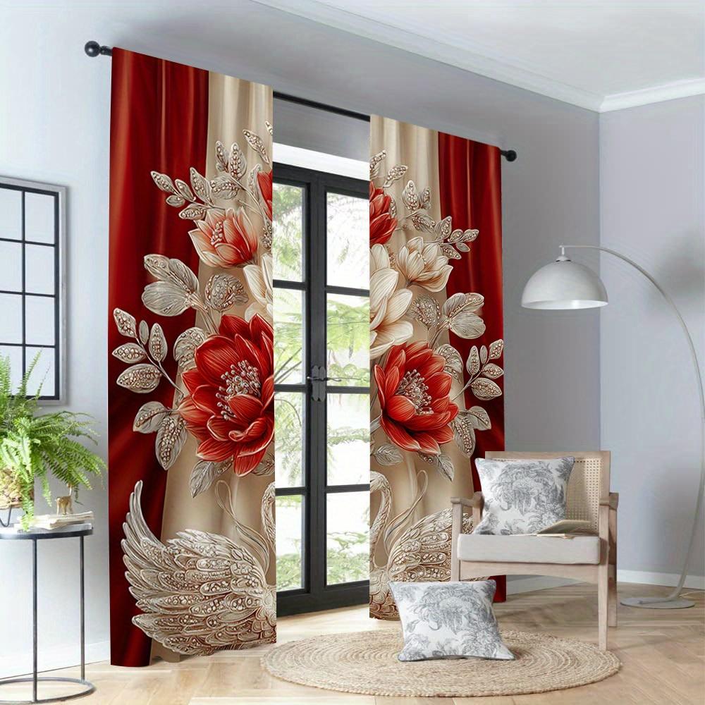 Set Of 2 Elegant Swan Floral Curtains Bedroom Office Living Room Decor Curtain For Great Made Polyester With Rod Pocket