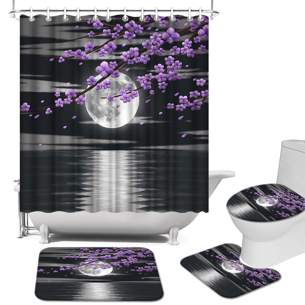 Moon Phase Moonlit Shower Curtain Set Black Celestial Flower Floral Herbs Ivy Surrounded Vines Toilet Lid Cover Bath Mat Rug Set