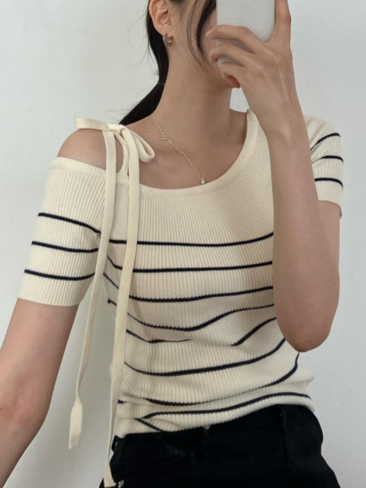 

Harajuku Chic Strap Design Slim T Shirt Summer French Open Shoulder Knitted Fit свитер Fashion Short Sleeve Striped Casual Tops L абрикосовый