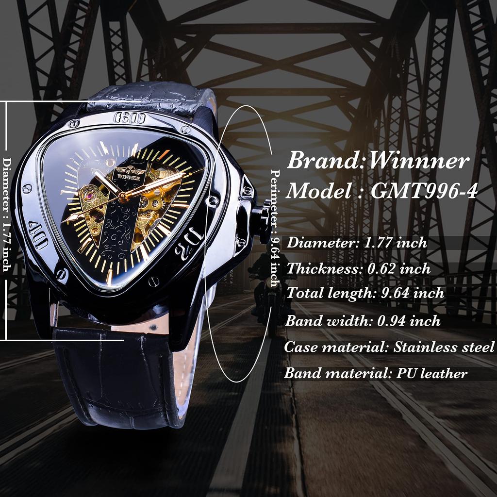 Winner Fashion Mechanical Watch with Triangle Racing Dial, Waterproof Golden Skeleton Dial, Automatic Movement, Leather Design, Men's, Black_1.
