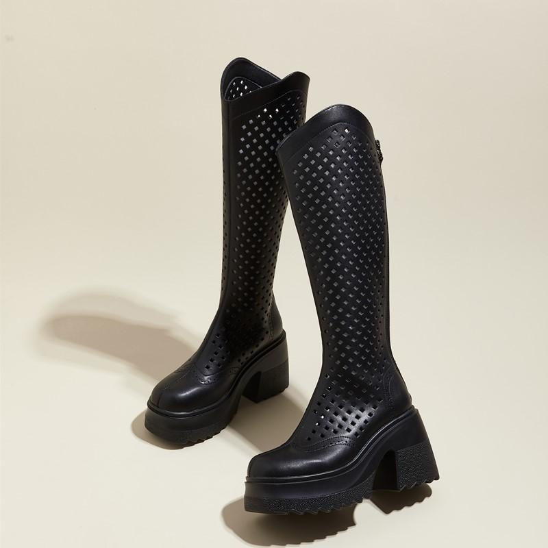 

Fashion AIYUQI Mesh Boots Women 2025 New Genuine Leather High Heeled Boots Women Summer Platform Knight Boots Women 40 чёрный