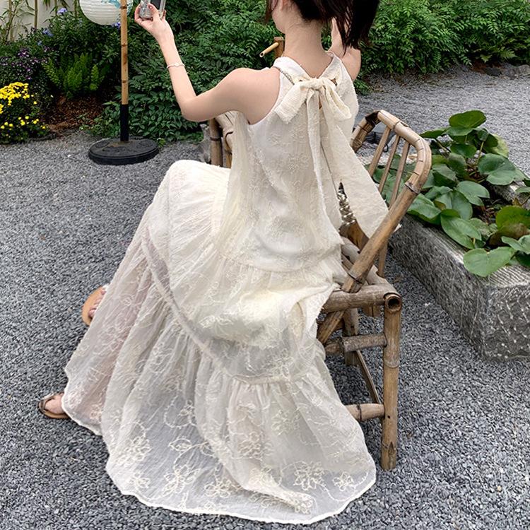 Holiday style long dress women's French feeling neck skirt summer chiffon dress gentle wind embroidery A word skirt