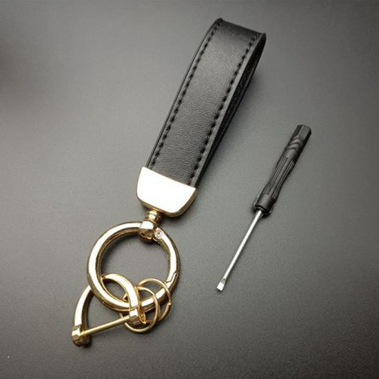 

Elegant High-End Keychain for Cars and Motorcycles Black Leather with Gold Buckle