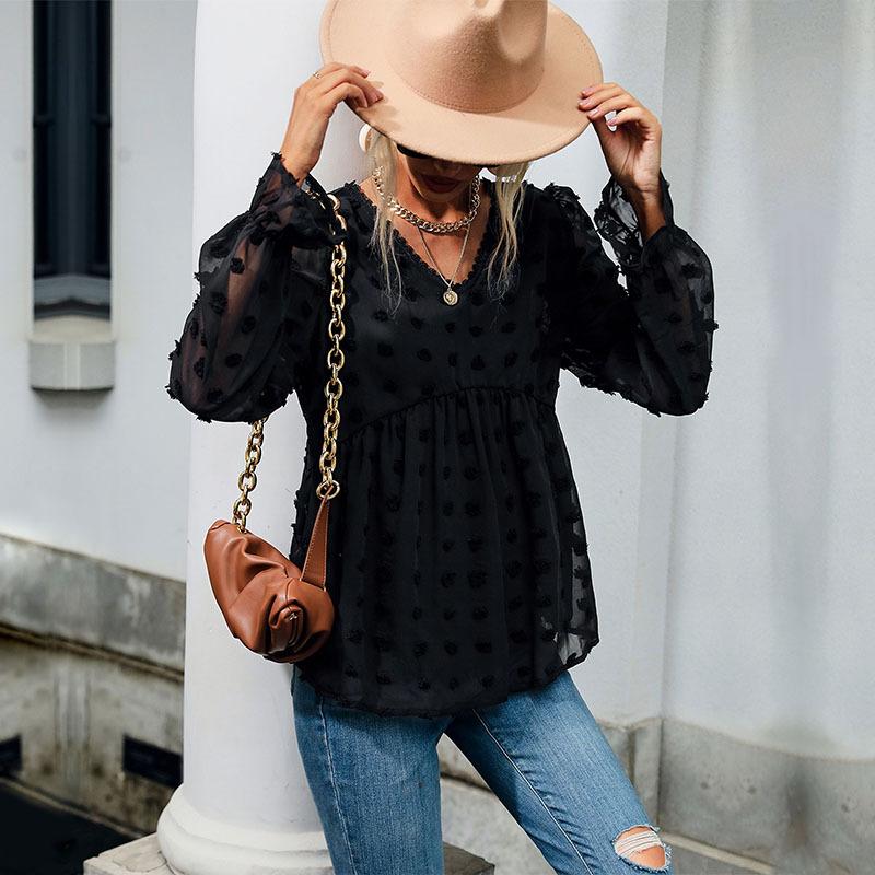 Fashionable and Casual Temperament Early Fall Tops Thin Section Loose V-neck Long-sleeved Black Shirt