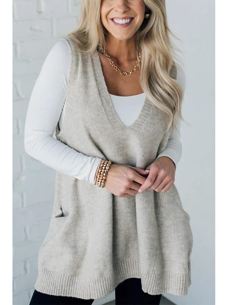 Herbst/Winter Einfarbiger V-Ausschnitt Taschen Strickweste Pullover 2025