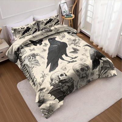 Juego de Funda Nórdica de Halloween sin Relleno, Funda de Colcha con 2 Fundas de Almohada Suave y Lavable a Máquina Calaveras Góticas Cuervos Ropa de Cama