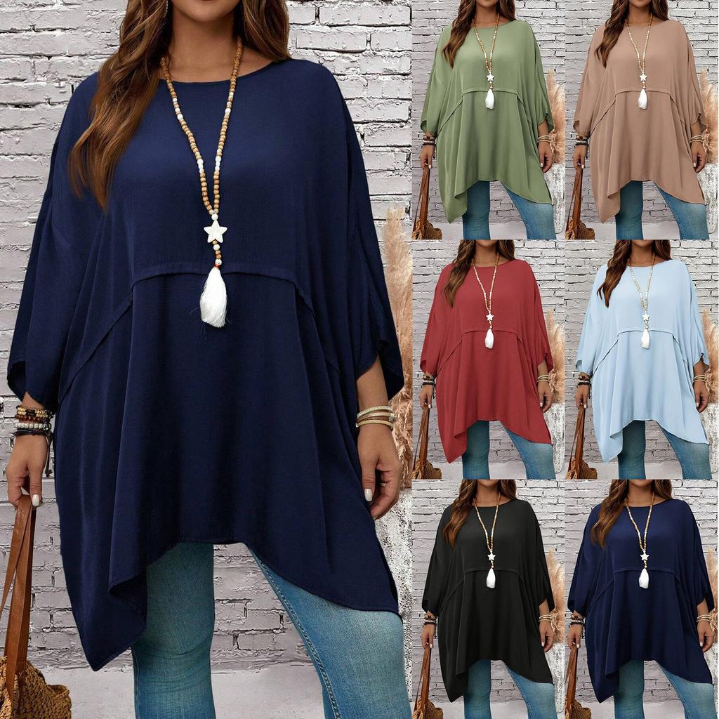 Women Plus Size Solid Color Asymmetric Hem Poncho Top Batwing Sleeve Loose Summer Blouse