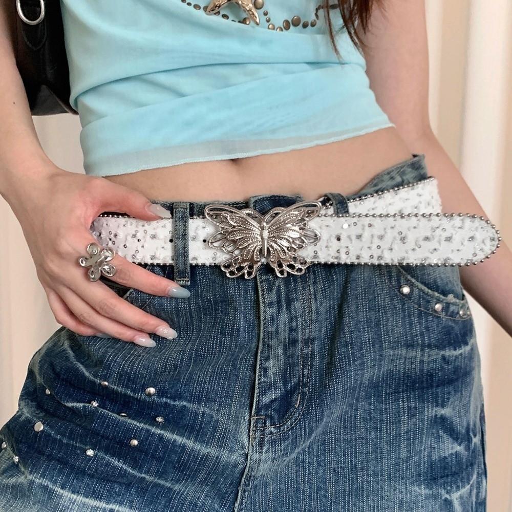 Sequins Wide Belt Y2K Denim Waistbands Simple Butterfly Belt Female/Girls