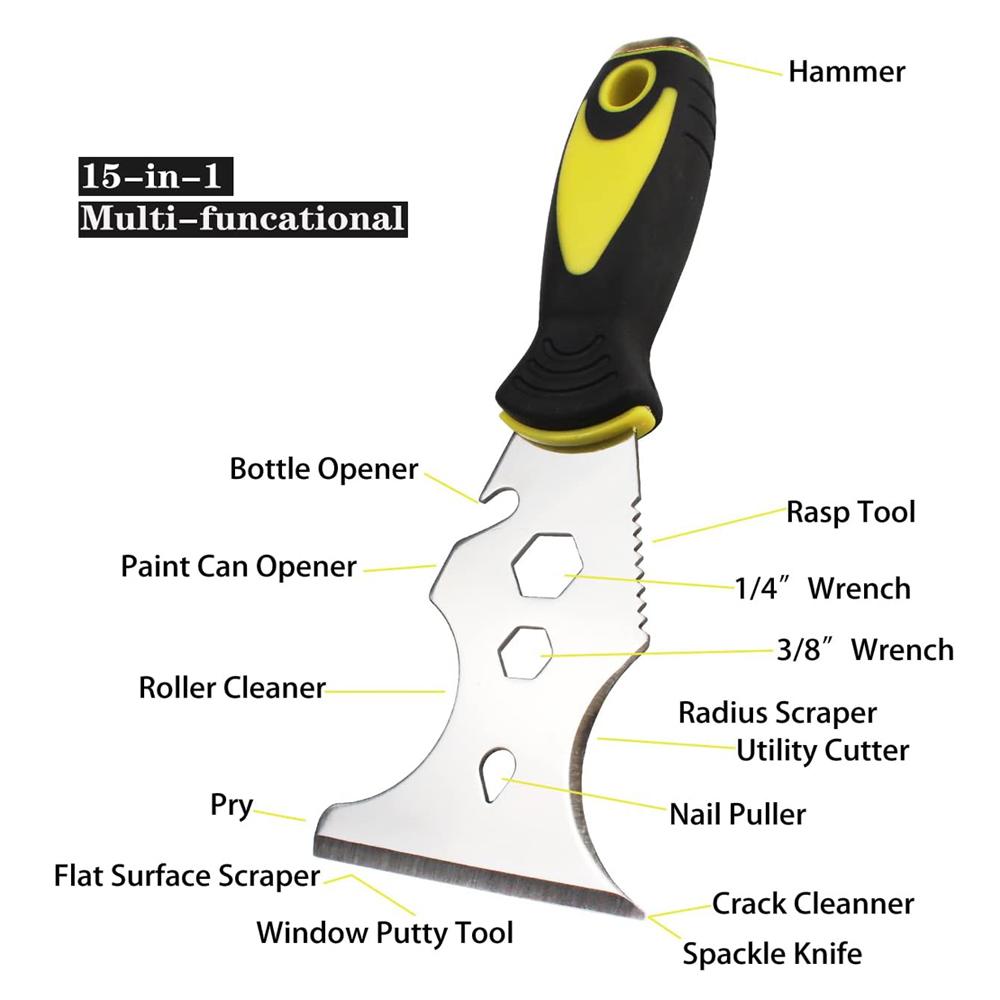 

15-In-1 Multi Use Putty Knife Stainless Steel Paint Scraper Tool Wallpaper Can Opener Cleaning Paint Rollers Home DIY Yellow