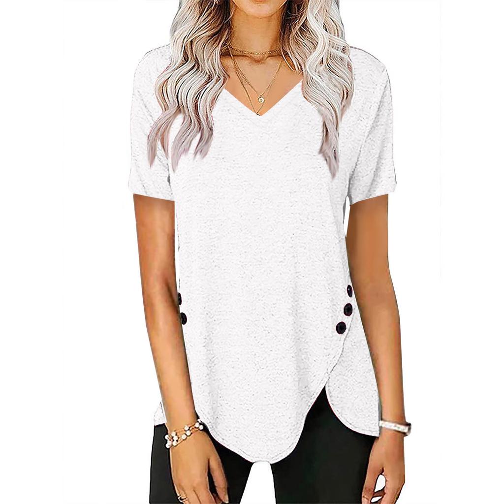 Summer Womens Trendy Irregular Hem Tops Sexy V-Neck T Shirts Short Sleeve Buttons Blouses Plain Daily Tees