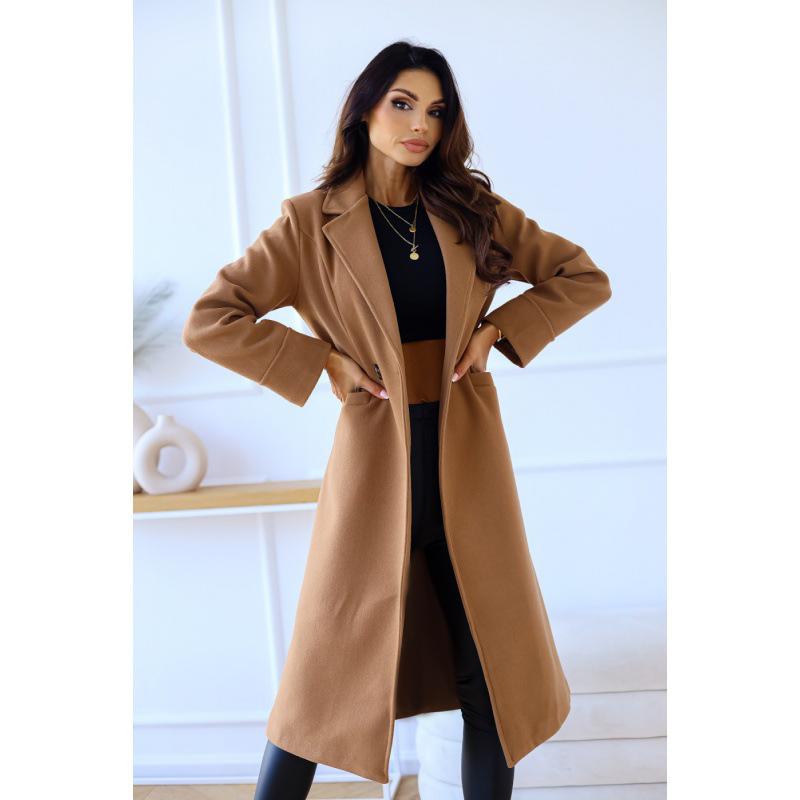 

Женское осенне-зимнее минималистичное двубортное пальто из шерсти с лацканами и длинными рукавами Extra Large хаки