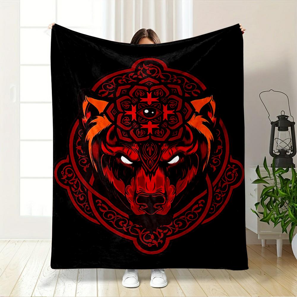 Fiery Red Wolf with Tribal Pattern Design Flannel blanket for bedroom, living room, sofa, and nap sofas.