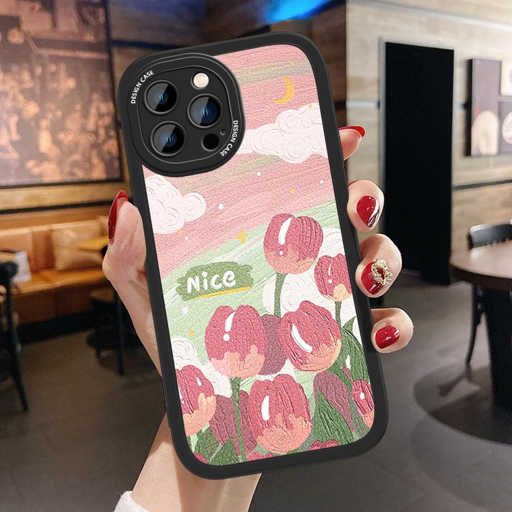 Slim Skin Feeling Cartoon Pink Flowers Soft Silicone PU Leather Cover Phone Case for iPhone Samsung Huawei Honor Xiaomi Redmi OPPO Realme Vivo
