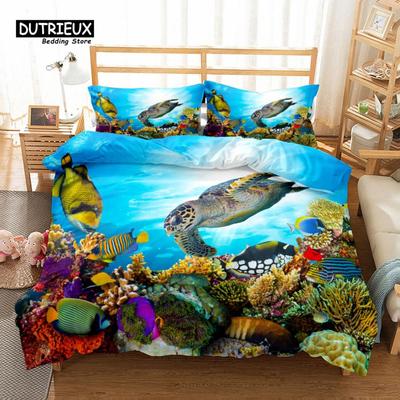 Marine Lives 3D Colorful Turtle Duvet Cover Set, Fashion Bedding Set, Soft Comfortable Breathable Duvet Cover